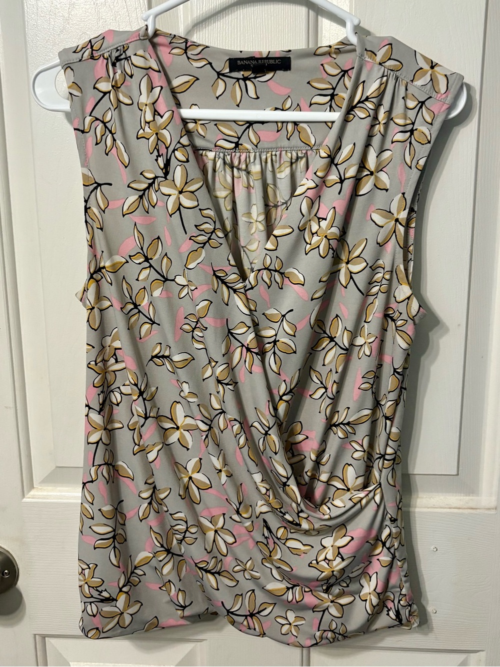 Banana Republic Floral Wrap-Style Sleeveless Top - Light Gray, Pink, Cream